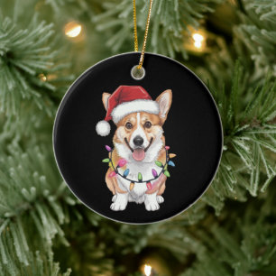 Pembroke Welsh Corgi Santa Christmas Tree Lights Ceramic Ornament