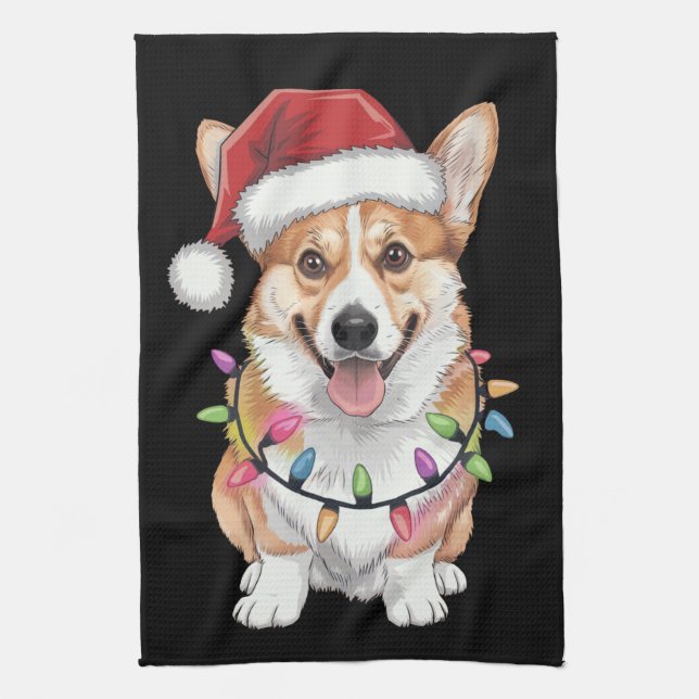 Pembroke Welsh Corgi Santa Christmas Tree Lights  Kitchen Towel (Vertical)