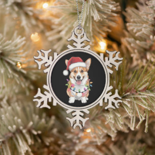 Pembroke Welsh Corgi Santa Christmas Tree Lights Snowflake Pewter Christmas Ornament