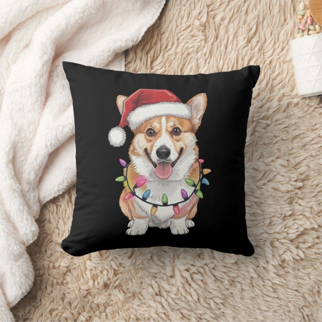 Pembroke Welsh Corgi Santa Christmas Tree Lights  Throw Pillow (Blanket)