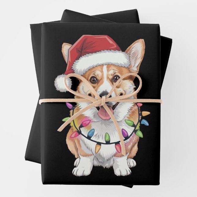 Pembroke Welsh Corgi Santa Christmas Tree Lights  Wrapping Paper Sheets (In situ)