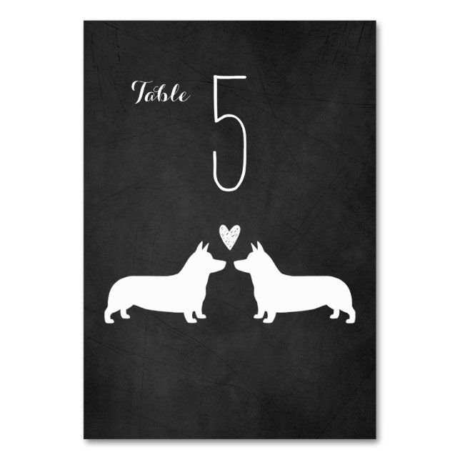Pembroke Welsh Corgi Silhouettes Wedding Reception Table Number (Front)