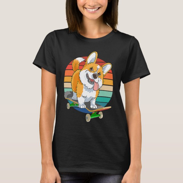 Pembroke Welsh Corgi Skateboarding Dog  Skateboard T-Shirt (Front)