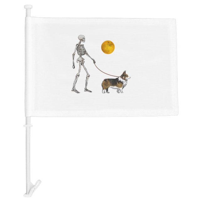 Pembroke Welsh Corgi Skeleton Dog Walking Hallowee Car Flag (Front)