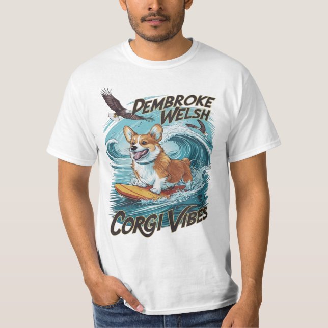 Pembroke Welsh Corgi Surfer Tackles Epic Wave T-Shirt (Front)