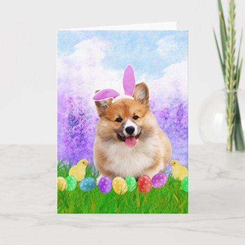 Pembroke Welsh Corgi with Easter Eggs Bunny Chick Holiday Card