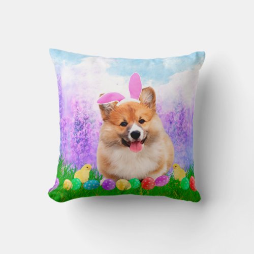 Pembroke Welsh Corgi with Easter Eggs Bunny Chick Throw Pillow