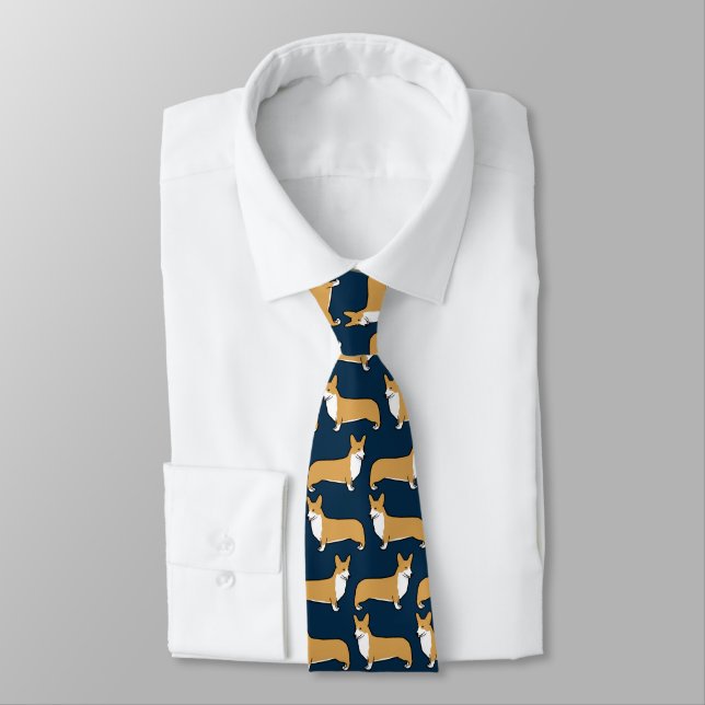 Pembroke Welsh Corgis Dog Pattern on Blue Tie (Tied)