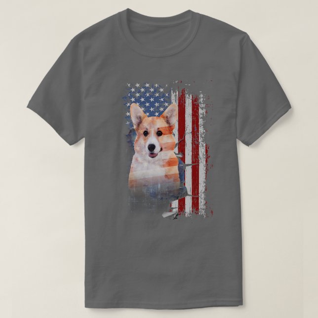 Pembrooke Welsh Corgi Dog With American Flag1099 T-Shirt (Design Front)