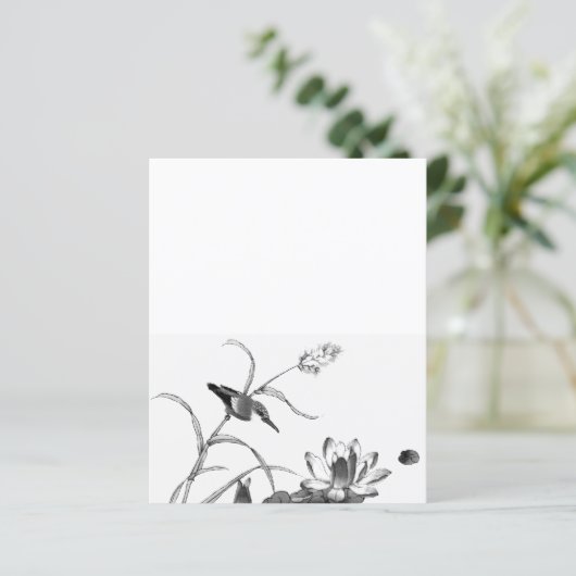 Pen and Ink Drawing Pond Lotus and Bird (Standing Front)