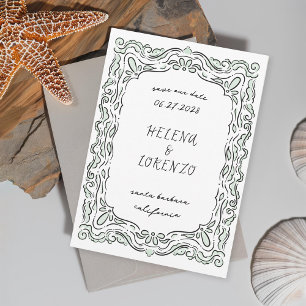 Pen and Ink Loose Drawing Seafoam Green Save The Date