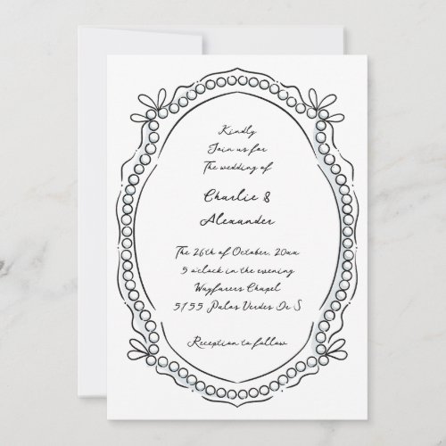 Pen and Ink Ribbons and Pearls Wedding Invitation