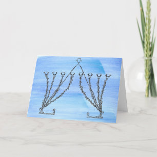 Pen and Ink Rococco Chanukah Menorah on Blue Field Holiday Card