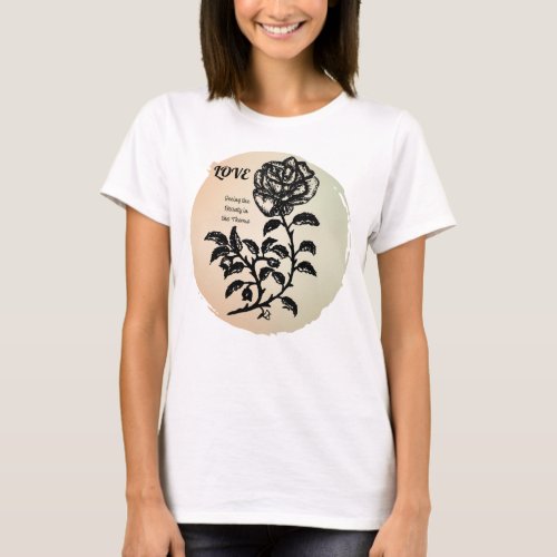 Pen and Ink Rose of Love on Peach Womens T_Shirt