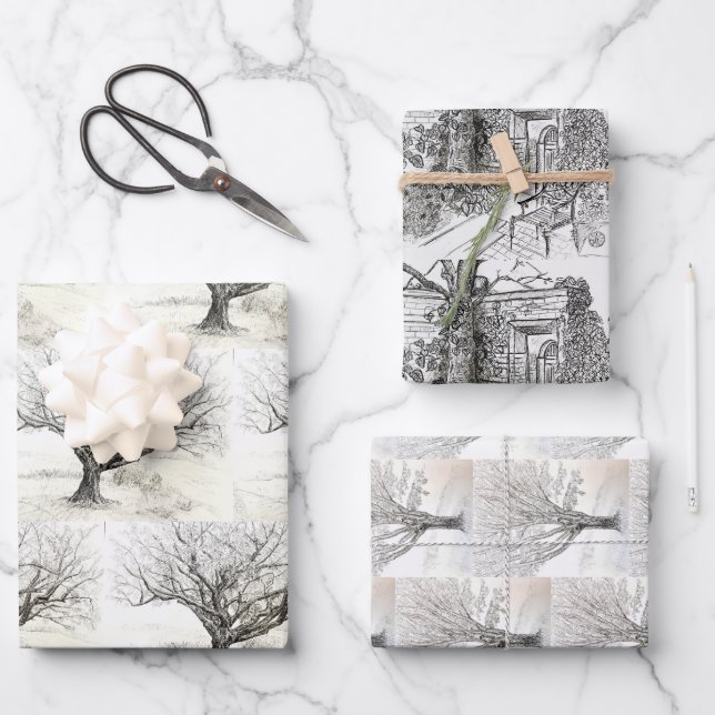 Pen and Ink Tree drawing Wrapping Paper Sheets (Front)
