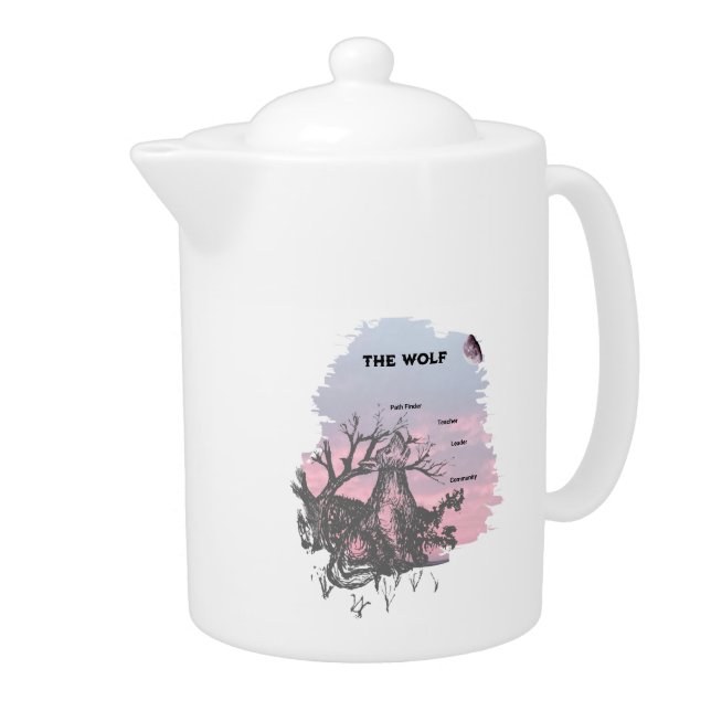 Pen and Ink Wolf at Sunset With Definition Teapot (Right)