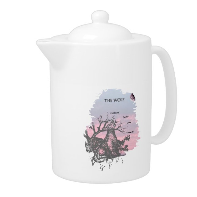 Pen and Ink Wolf, Sunset, Definition, Lined Letter Teapot (Right)