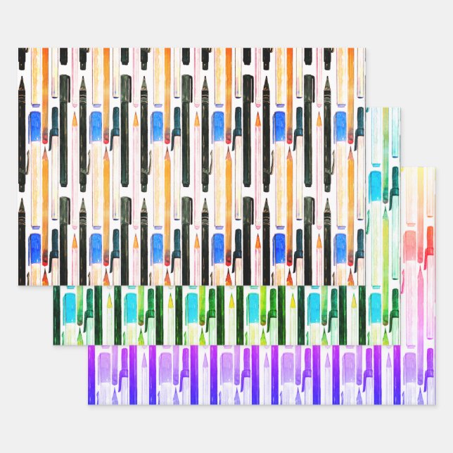 Pen And Pencil Set Of 3 Wrapping Paper Sheets (Set)