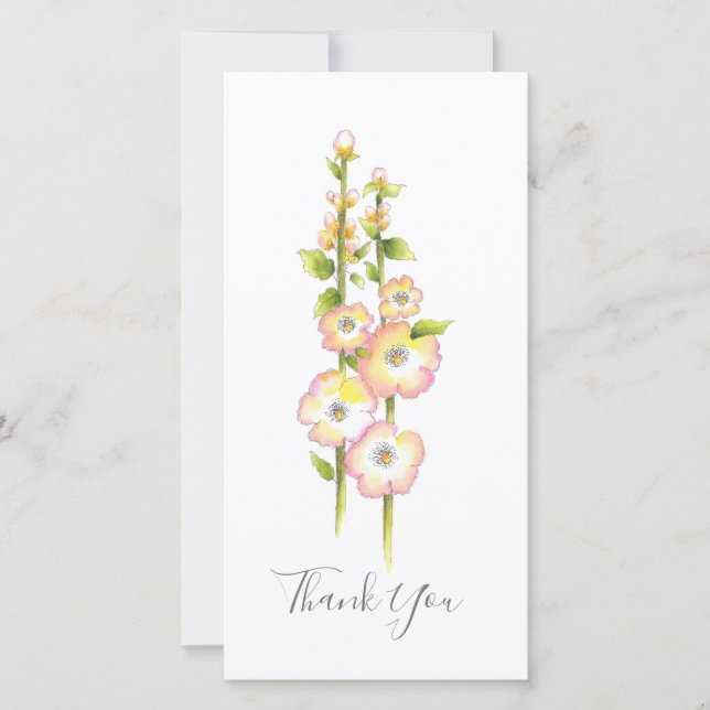Pen and Watercolor Hollyhocks Thank You Card (Front)