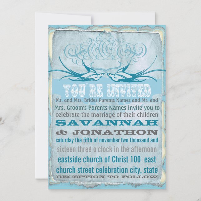 Pen Flourish Vintage Love bird Wedding Invitation (Back)