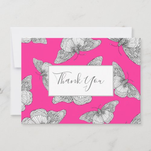 Pen  Ink Butterfly Pattern Hot Pink Background Thank You Card