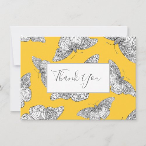 Pen  Ink Butterfly Pattern Yellow Background Thank You Card