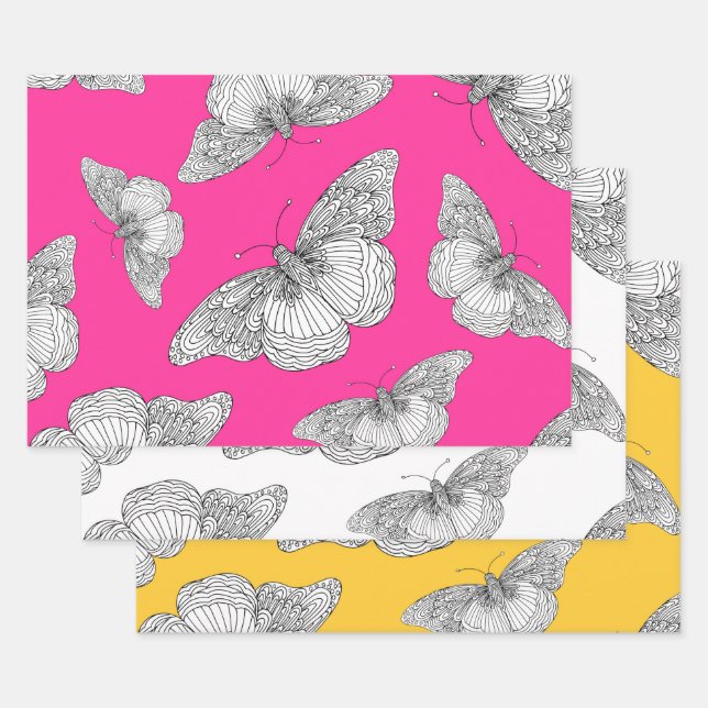 Pen & Ink Butterfly Patterns Wrapping Paper Sheets (Set)