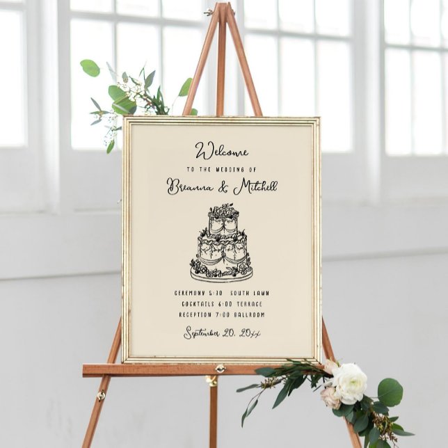 Pen Ink Whimsical Hand Drawn Cake Wedding Welcome Poster (Creator Uploaded)