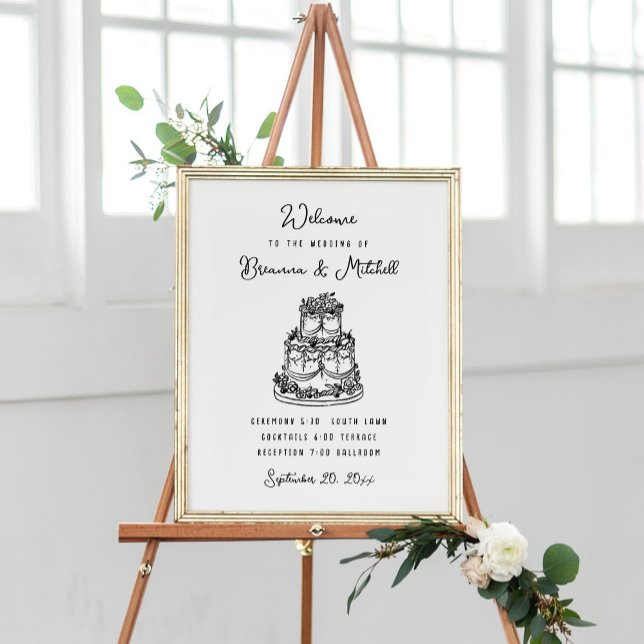 Pen Ink Whimsical Hand Drawn Cake Wedding Welcome Poster (Creator Uploaded)
