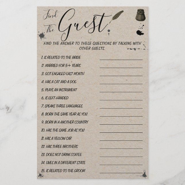 Pen & Inkwell | Find the Guest  Shower Game Card Flyer (Front)