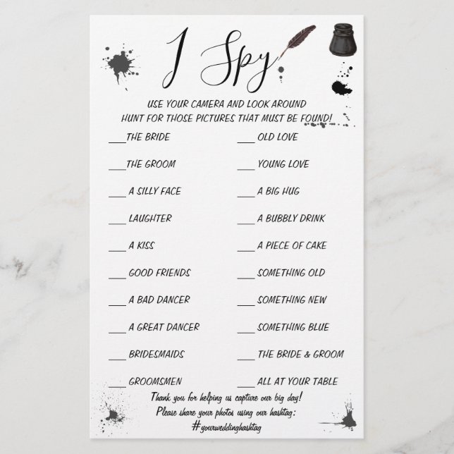 Pen & Inkwell | Wedding Reception I Spy Game Card Flyer (Front)