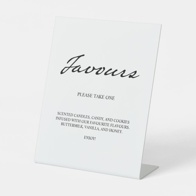 Pen Script Modern Minimalist Favours White Wedding Pedestal Sign (Front)