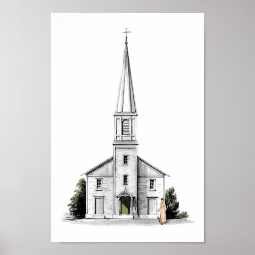 Pen Sketch of Village Church in 1800s Poster