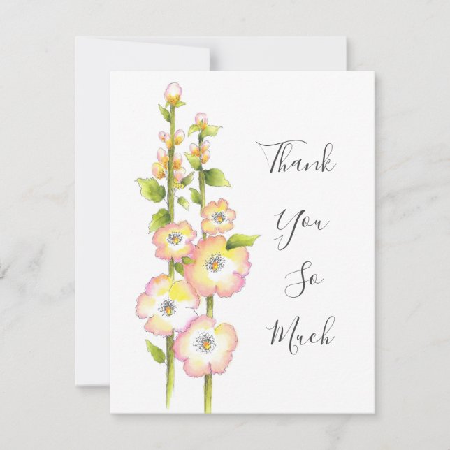 Pen & Watercolor Hollyhocks  Thank You Card (Front)