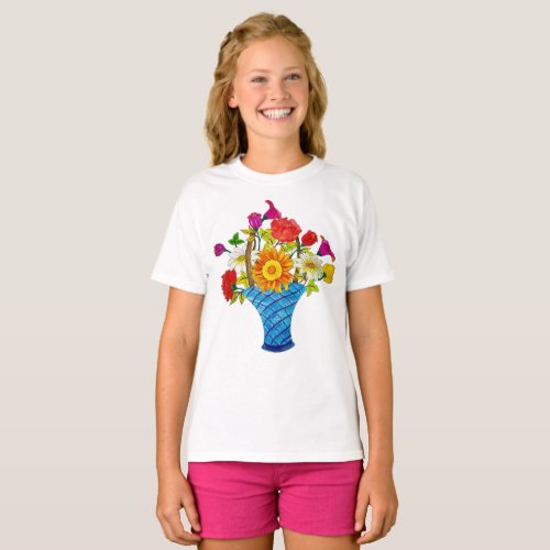 Pencil Art Sketch Pot Colorful Handdrawn Flowers T_Shirt