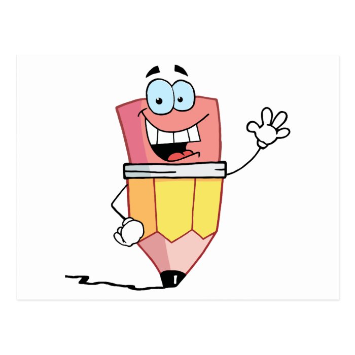 Pencil Cartoon Character Waving A Greeting Post Card