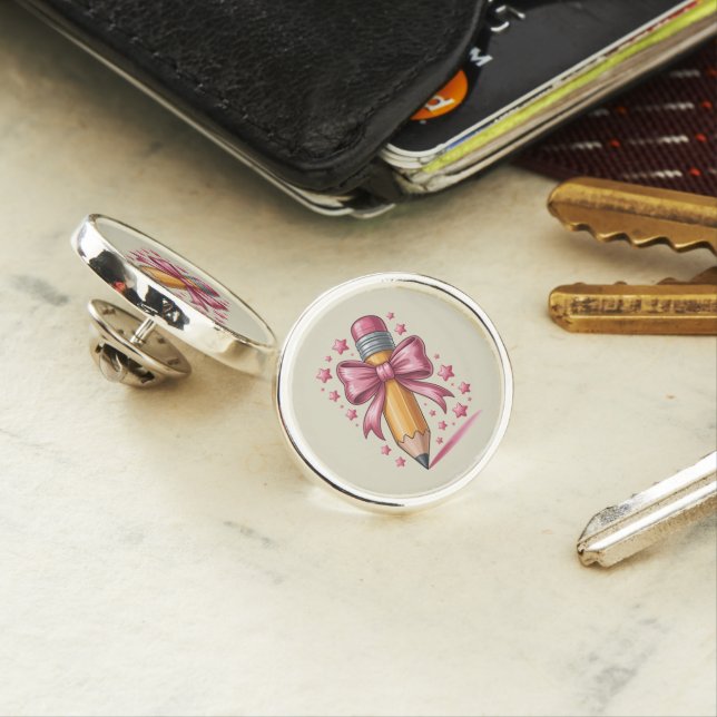 Pencil Coquette Bow Teacher Appreciation School Lapel Pin (In Situ)