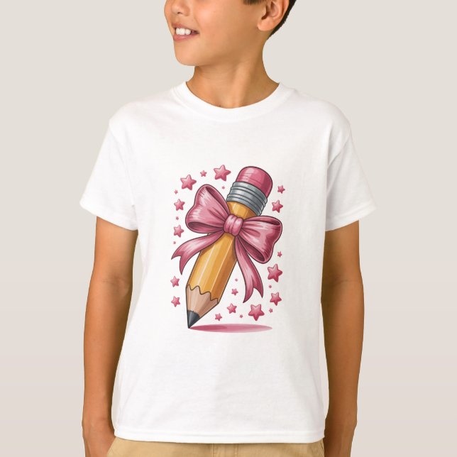 Pencil Coquette Bow Teacher Appreciation School T-Shirt (Front)