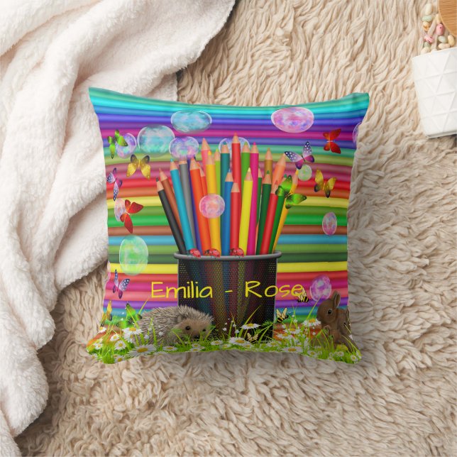 Pencil Crayons Holder Bubbles Butterflies Daisies Throw Pillow (Blanket)