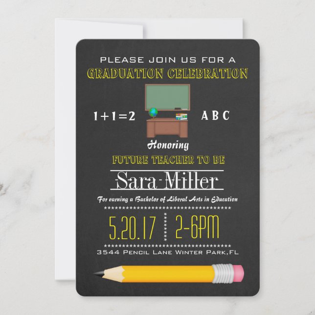 Pencil & Desk Teacher Graduation Invitation (Front)