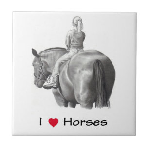 Pencil Drawing: I Love Horses: Girl on Horse Ceramic Tile