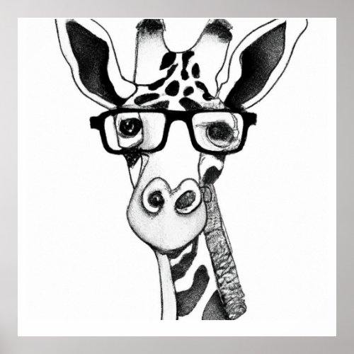Pencil Drawing of a Giraffe wearing Glasses poster