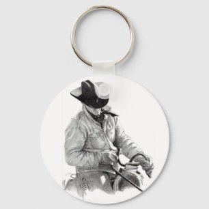 Pencil Drawing of Cowboy in Saddle, Western Art Keychain