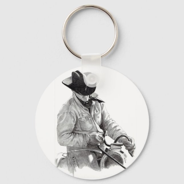 Pencil Drawing of Cowboy in Saddle, Western Art Keychain (Front)