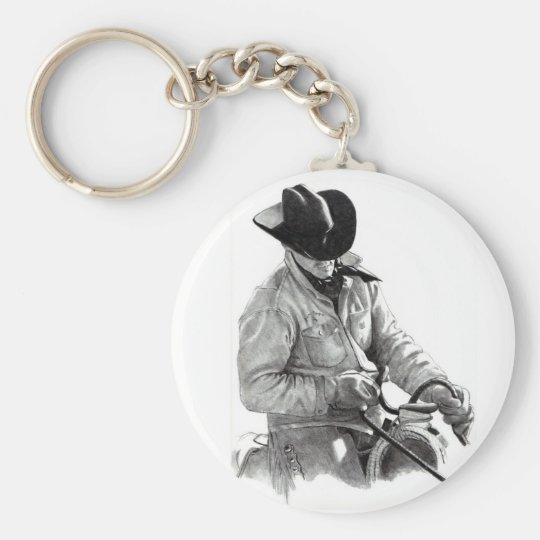 Pencil Drawing of Cowboy in Saddle Western Art Keychain