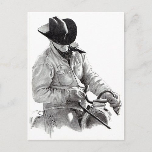Pencil Drawing of Cowboy in Saddle Western Art Postcard