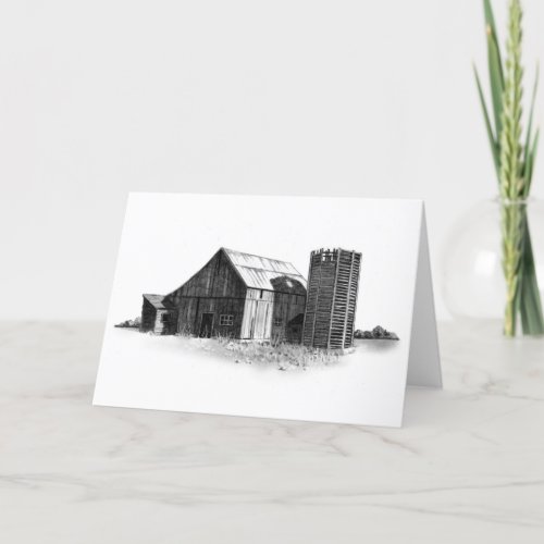 PENCIL DRAWING OLD BARN SILO REALISM CARD