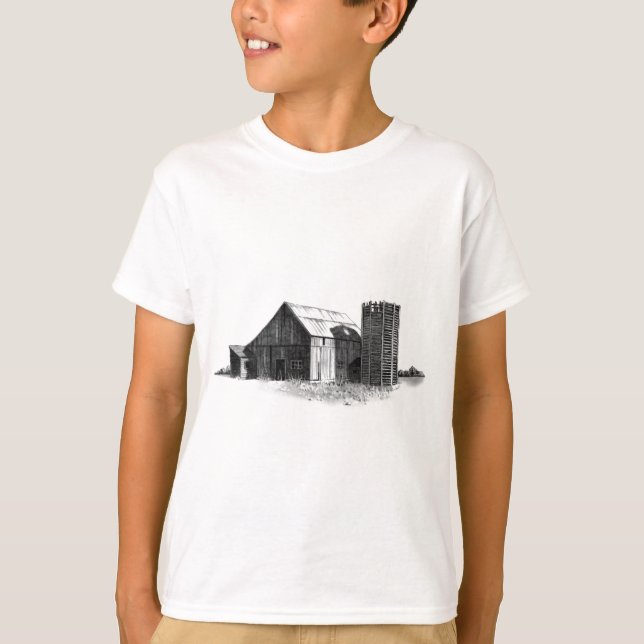 PENCIL DRAWING: OLD BARN, SILO: REALISM T-Shirt (Front)