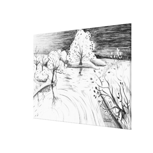 Pencil drawing relaxing nature scene trees river canvas print