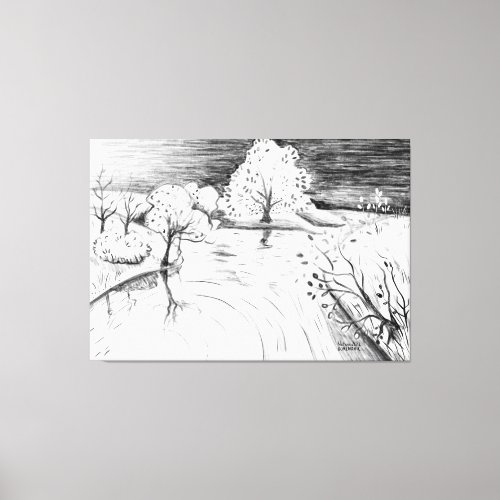 Pencil drawing relaxing nature scene trees river canvas print